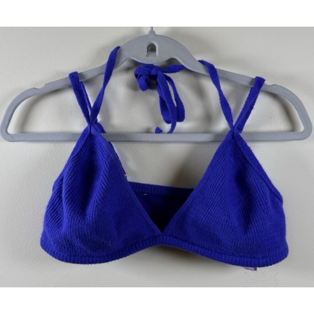 Savage X Fenty Blue Acrylic Knit Bralette Wireless Tie Logo Size S